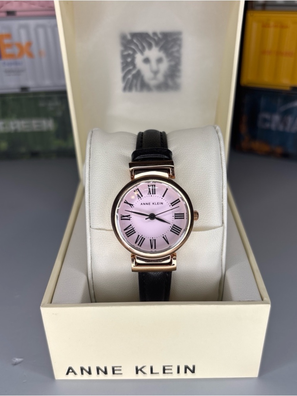 Anne Klein Rose-Gold Case Pink Dial Black Leather Strap Watch